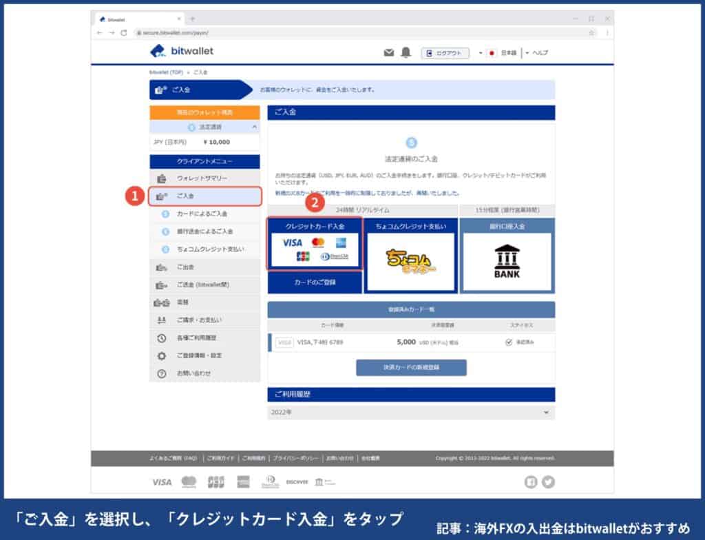 海外FXでクレジットカード/デビットカードでbitwallet入金する方法① クライアントメニューの「ご入金」を選択し、「クレジットカード入金」をタップ