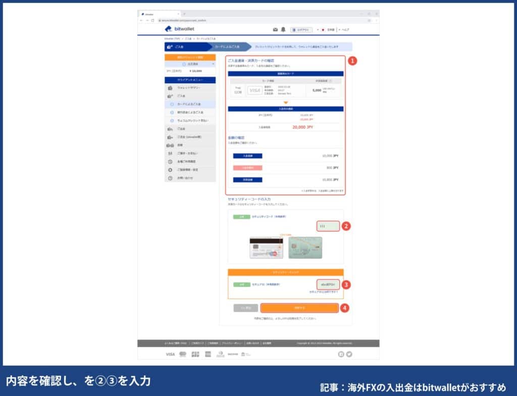 海外FXでクレジットカード/デビットカードでbitwallet入金する方法③内容確認し「セキュリティーコード」と「セキュアID」を入力