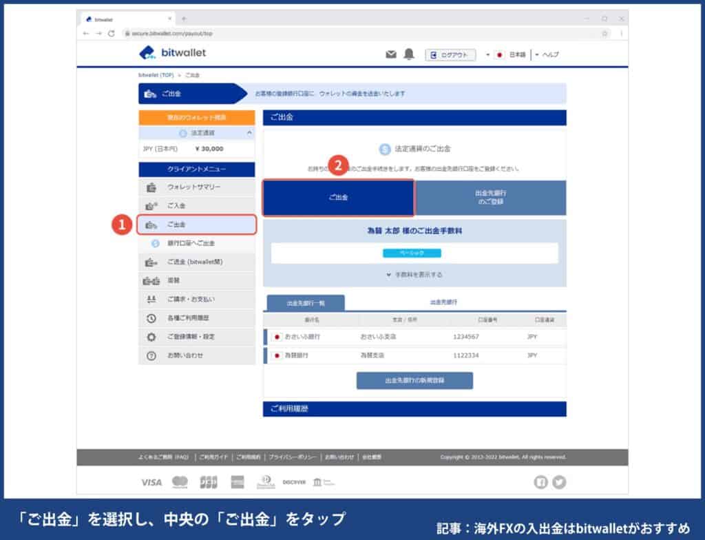 海外FXでbitwalletから出金する方法・手順①クライアントメニューの「ご出金」を選択し、中央の「ご出金」をタップ