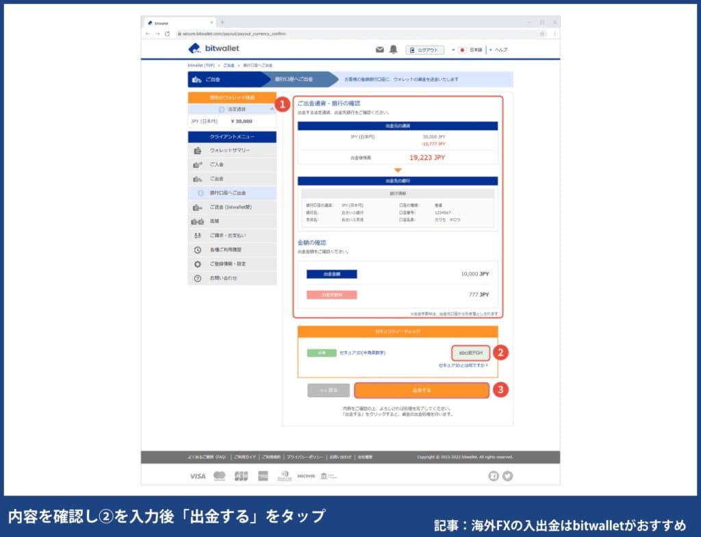 海外FXでbitwalletから出金する方法・手順③内容確認し、「セキュリティーチェック」で「セキュアID」を入力し「出金する」をタップ