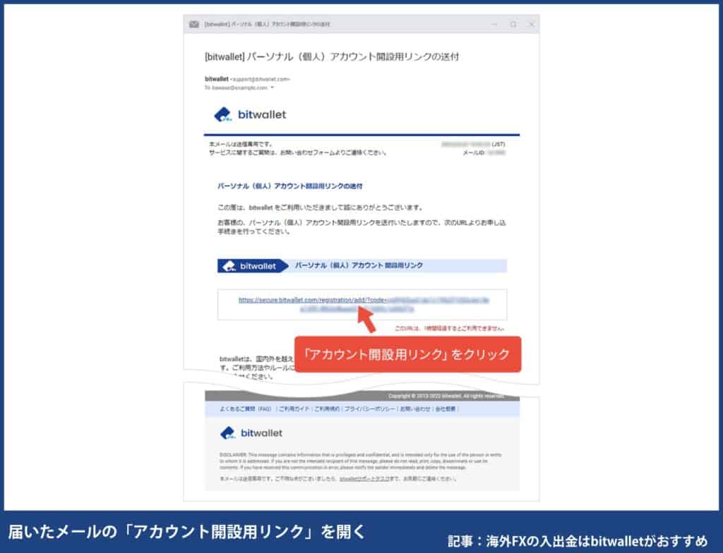 海外FXのbitwallet登録方法⑥届いたメールの「アカウント開設用リンク」を開く