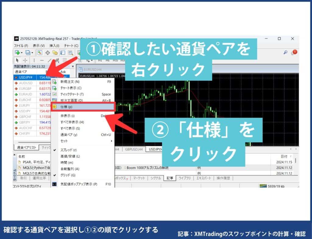 XMのMT4/MT5のスワップポイント確認方法