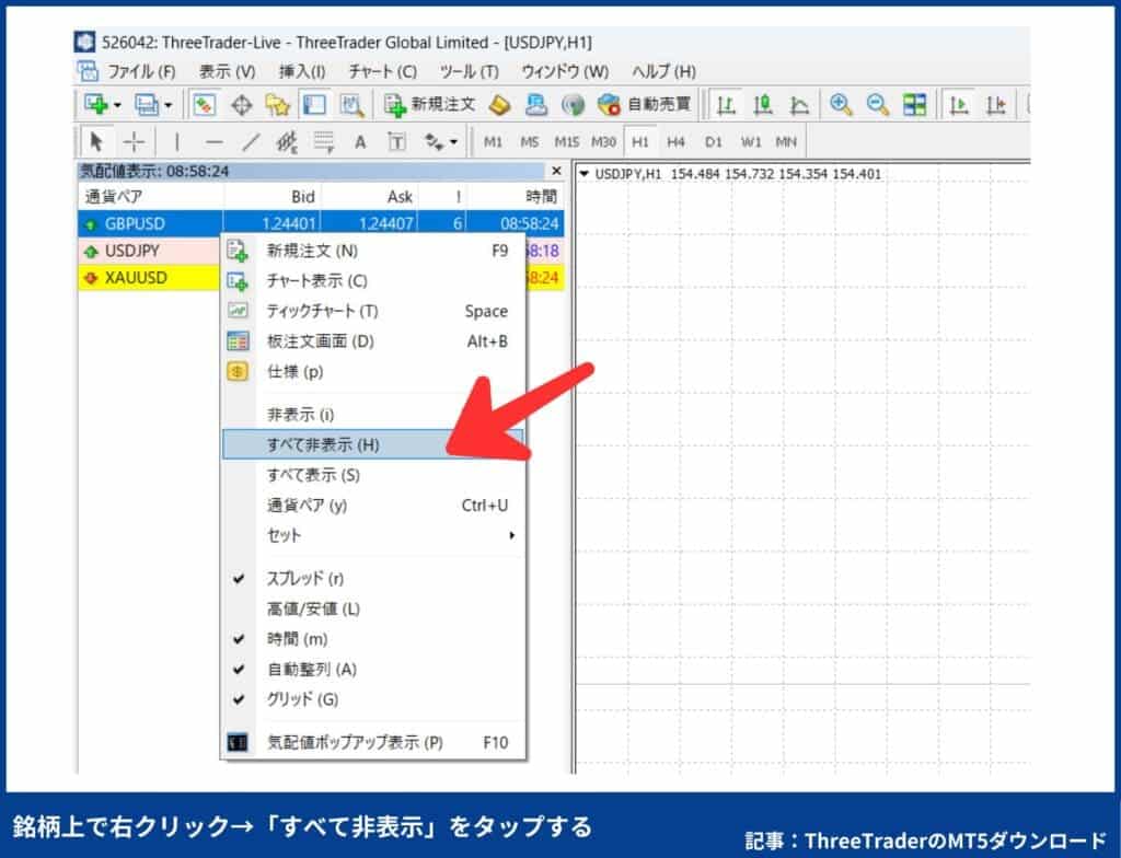 ThreeTraderのMT5の使い方：気配値の表示方法（PC）