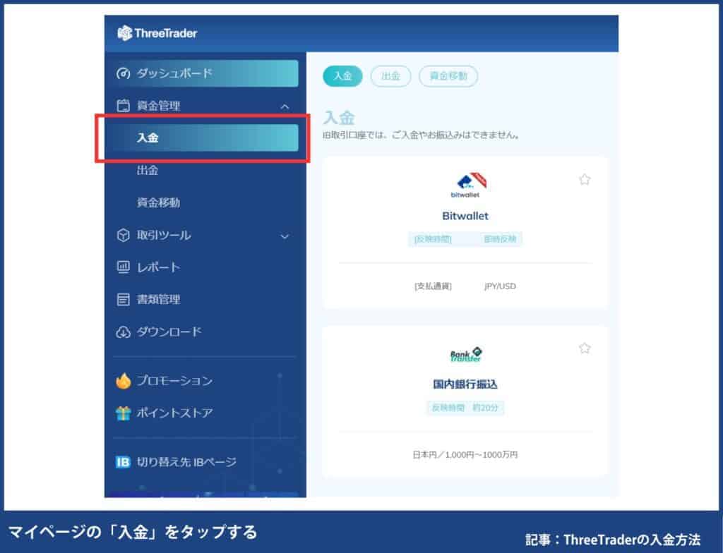 ThreeTraderの国内銀行振込の入金手順