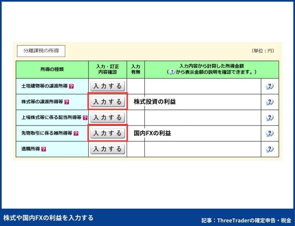 ThreeTraderの確定申告のやり方｜株式や国内FXの利益を入力する