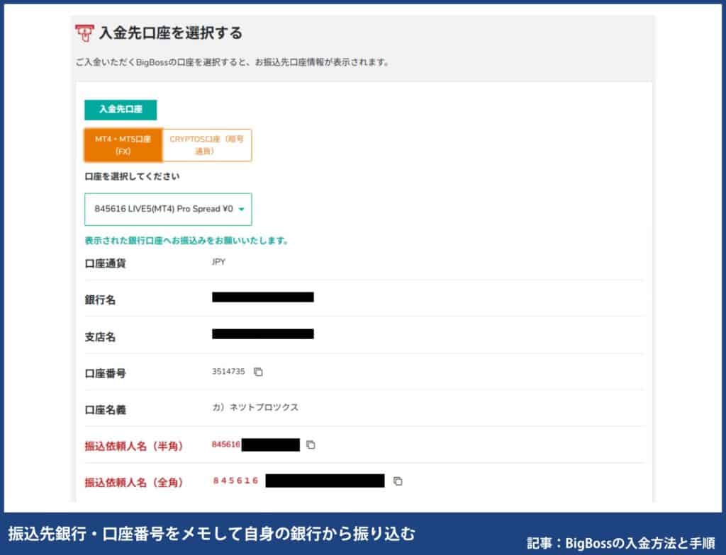 BigBossの入金方法別の手順