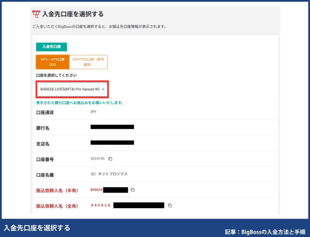 BigBossの入金方法別の手順