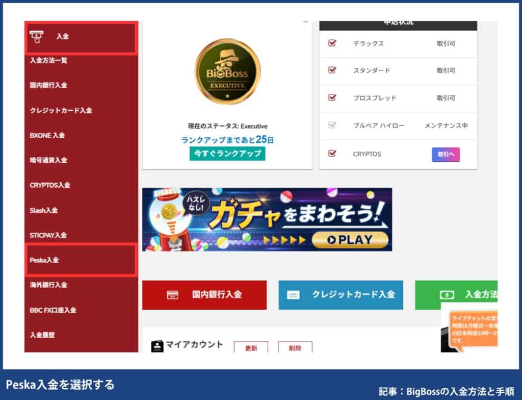 BigBossの入金方法別の手順