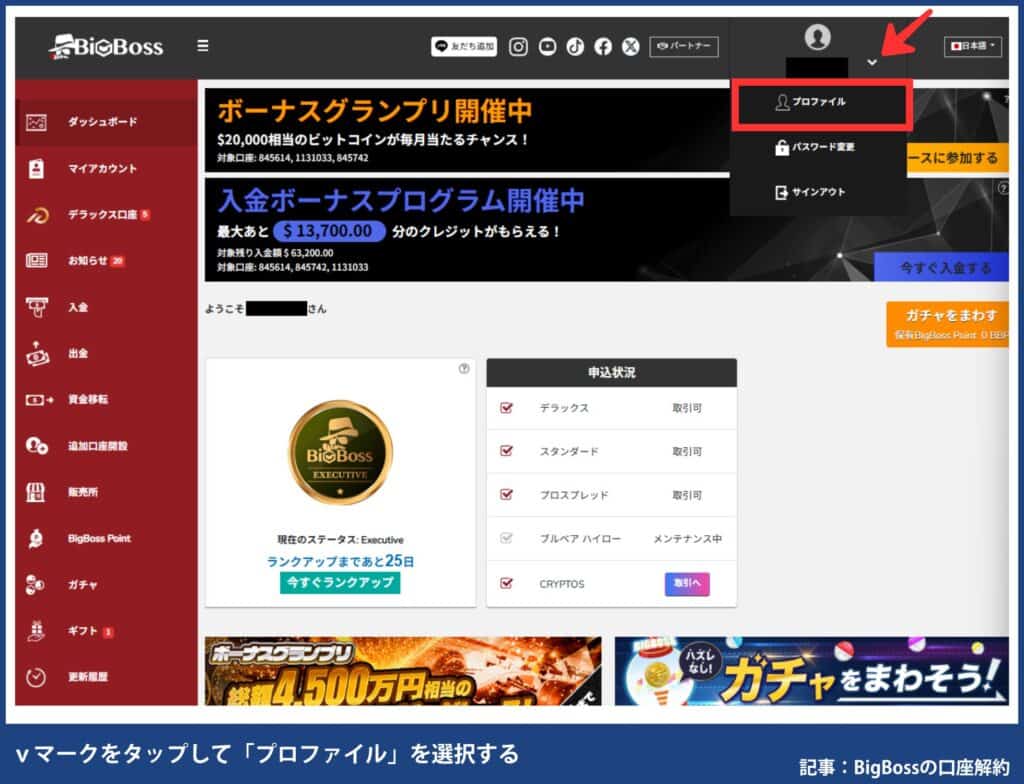 BigBossのアカウント（マイページ）を削除する方法