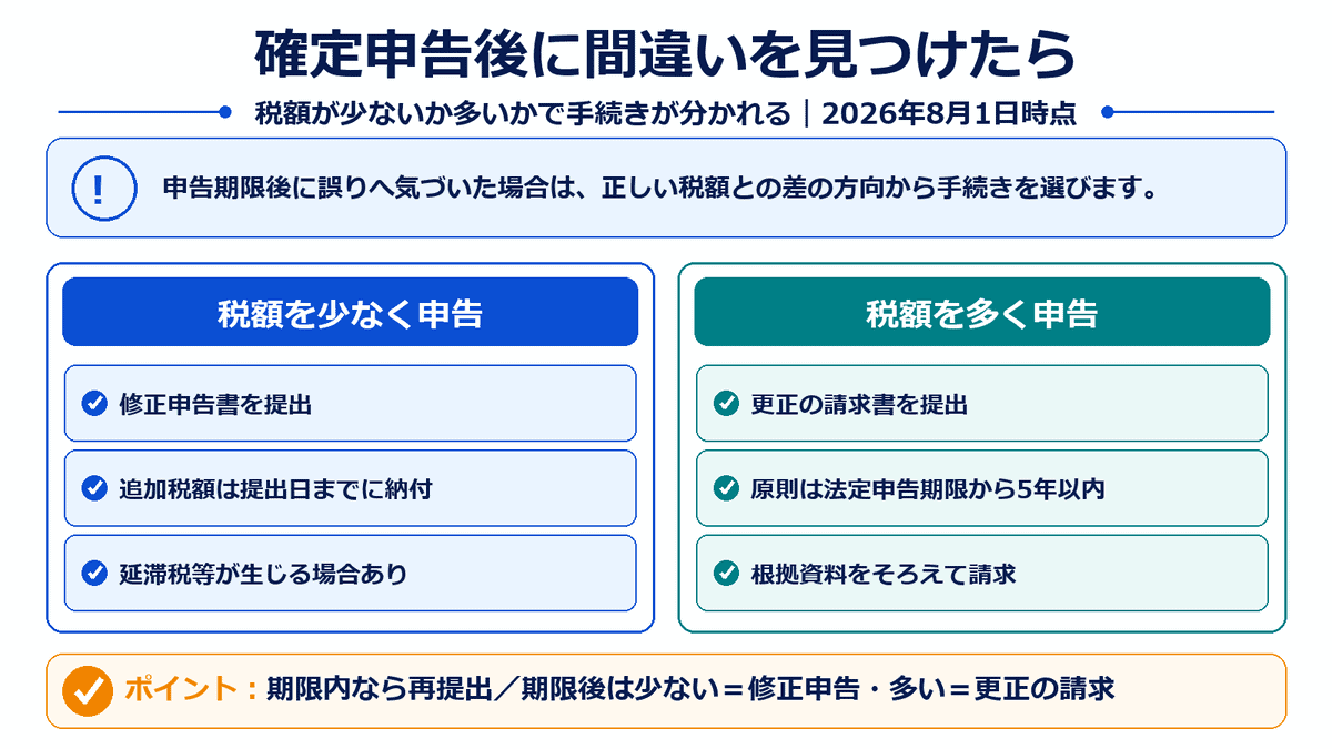 確定申告後の税額が少なかった場合の修正申告と多かった場合の更正の請求を比較